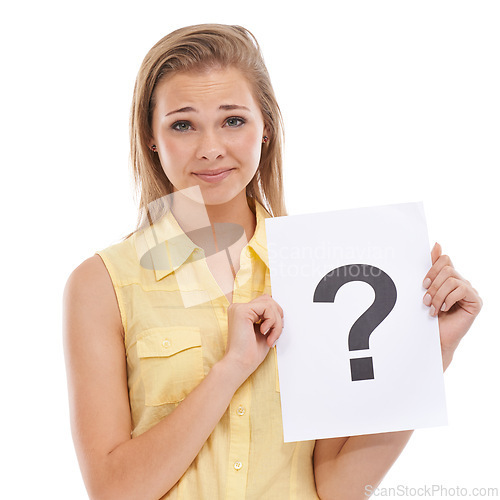 Image of Question mark, portrait or confused woman with sign or doubt for decision or problem solving in studio. Asking, worried face or upset model with why icon or board for solution on white background