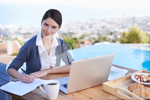 Image of Woman, writing in notebook and remote work with laptop, coffee for schedule and agenda. Plan, notes and research with tech, journalist in portrait with ideas for article and outdoor with breakfast