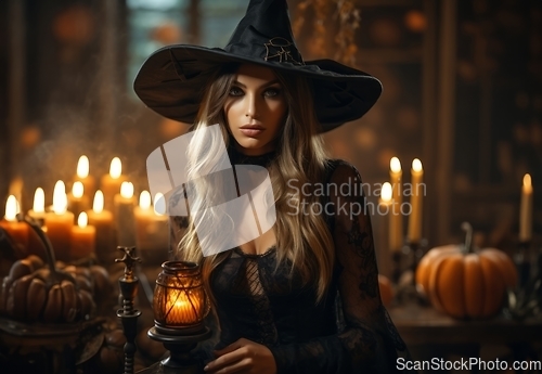 Image of In the daylight of Halloween, a captivating girl dons a bewitching costume, casting a spell of allure and enchantment