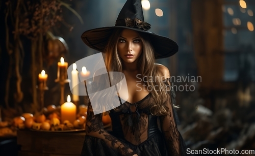 Image of In the daylight of Halloween, a captivating girl dons a bewitching costume, casting a spell of allure and enchantment