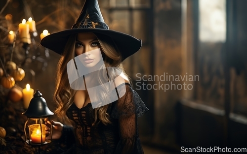 Image of In the daylight of Halloween, a captivating girl dons a bewitching costume, casting a spell of allure and enchantment