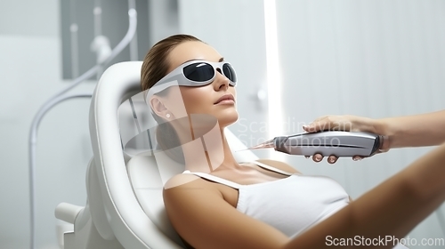 Image of Modern woman undergoes laser hair removal therapy, embracing contemporary beauty techniques for smooth and hair-free skin.