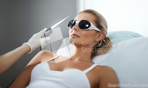 Image of Modern woman undergoes laser hair removal therapy, embracing contemporary beauty techniques for smooth and hair-free skin.