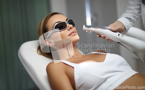 Image of Modern woman undergoes laser hair removal therapy, embracing contemporary beauty techniques for smooth and hair-free skin.