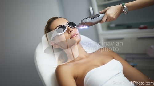 Image of Modern woman undergoes laser hair removal therapy, embracing contemporary beauty techniques for smooth and hair-free skin.