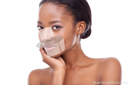 Image of Skincare, hand and portrait of black woman for glow, beauty and isolated on a white studio background. Touch, makeup and face of model in cosmetics, dermatology and spa facial treatment for soft skin