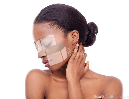 Image of Skincare, hand and beauty of black woman with eyes closed for glow isolated on a white studio background. Touch, makeup and model in cosmetics, dermatology and spa facial treatment for smooth skin