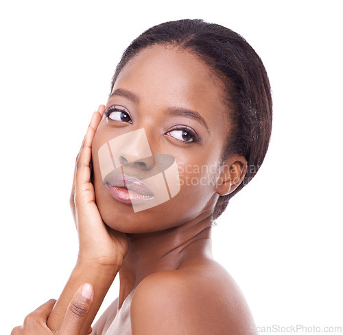 Image of Face, skincare and black woman with beauty in studio, white background and cosmetics mockup. African, model and healthy glow on skin from dermatology, makeup or person with confidence and pride