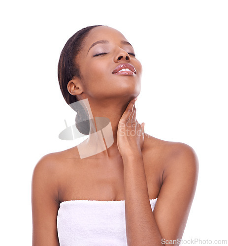 Image of Skincare, touch and black woman in makeup with eyes closed for body care isolated on a white studio background. Hand, beauty or model in cosmetics, dermatology or spa facial treatment for smooth skin