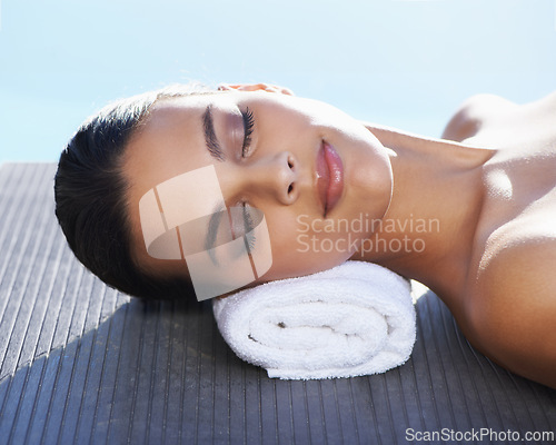 Image of Sleeping, pool or face of woman in spa for wellness, tanning or hospitality in summer for sunshine. Calm peace, relax or zen female person in hotel on holiday vacation for beauty therapy or vitamin d