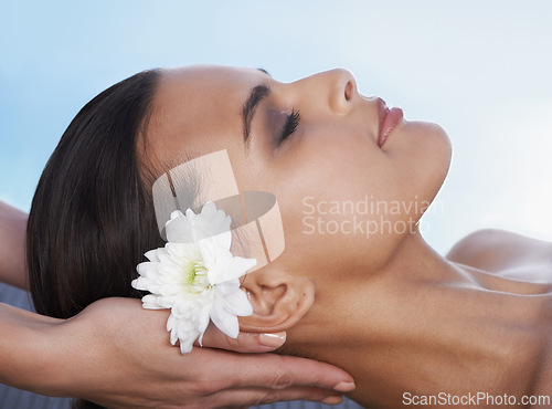 Image of Sleeping, head massage or hands with woman or flower in spa for wellness, treatment or hospitality. Peace, relax or client with masseuse in hotel on holiday vacation for beauty therapy in a resort