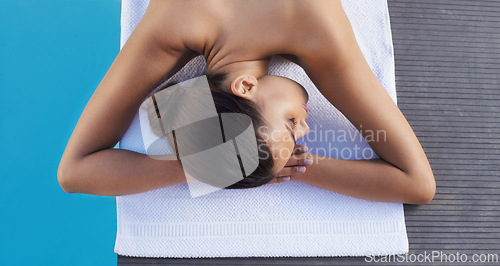 Image of Relax top view or woman in spa ready for luxury treatment, facial skincare or beauty for wellness. Calm peace, healing therapy or zen female client on towel to start massage, detox or chemical peel