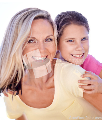 Image of Mother, girl child or portrait with piggyback in studio for bonding, support or hug on holiday with smile. Family, woman and daughter with face, happy or embrace with love or care on white background