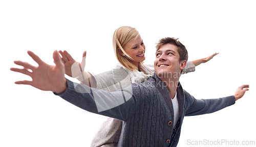 Image of Couple, piggy back and plane with arms, smile and games on date with care for connection on Valentines day. Man, woman and playful with airplane, wings or flight for freedom on journey for vacation