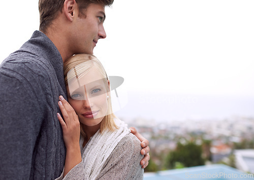 Image of Man, woman and embrace with portrait by skyline, city or mockup space for care, bonding and love. Couple, people and hug with connection in suburban neighborhood with view of buildings in Los Angeles