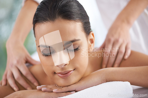 Image of Spa, massage and wellness of a woman, calm and weekend break with health therapy for zen treatment. Person, body care and relaxing with stress relief or luxury with peace and skin session with client
