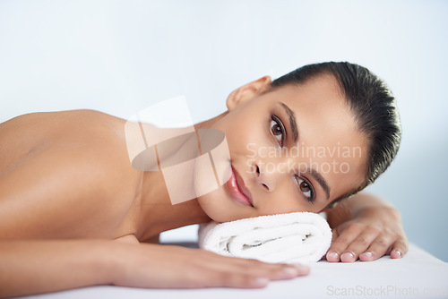 Image of Relax, happy and portrait of woman at spa with self care, wellness and luxury skin treatment for zen. Calm, cosmetics and young female person with beauty body routine at health salon for peace.