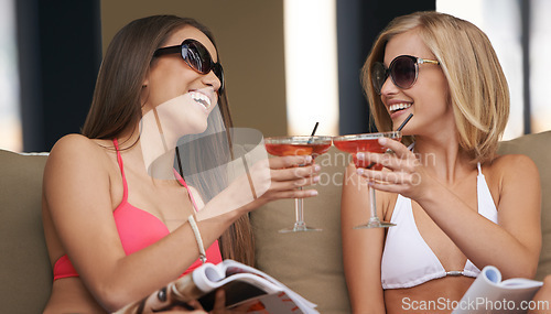 Image of Friends, women and toasting with alcohol at hotel, celebration and drinking wine on tropical vacation. People, happy and cheers with cocktail on summer holiday, weekend trip and travel to resort