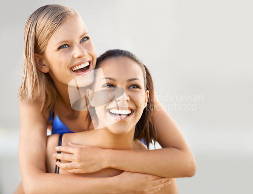 Image of Friends, women and face or happy with piggyback for bonding, vacation and adventure outdoor with mockup space. People, relax and support in nature for holiday, travel and embrace with smile in summer