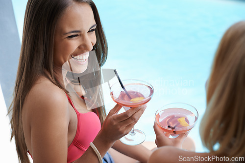Image of Friends, women and laughing with alcohol at pool, bonding and drinking wine on vacation. People, communication and cocktail for funny conversation on summer holiday, weekend trip and travel to resort