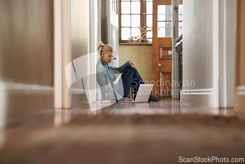 Image of Woman, freelancer or laptop on floor for remote work and internet connection for information. Female person, relax or editor on website for research or online news or typing an article on technology