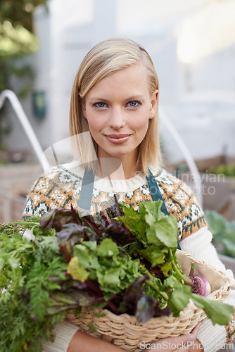 Image of Gardening, vegetables and portrait of woman with plants for landscaping, planting flowers and growth. Agriculture, nature and face of person outdoors for environment, ecology and nursery in garden