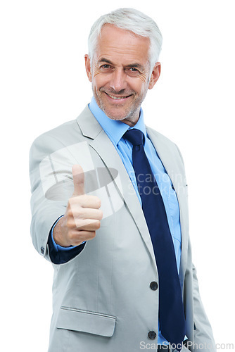 Image of Senior businessman, portrait and thumbs up for approval in studio, agreement and thank you or great. Male person, ceo and happy entrepreneur on white background, positive feedback and promotion