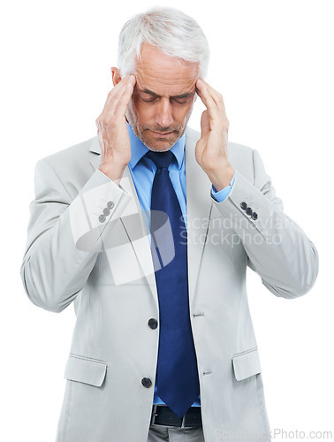 Image of Studio, headache or mature businessman for frustrated in mockup or office worker with stress. Senior person, migraine and fatigue or burnout in accounting job or massage temples by white background