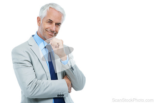 Image of Thinking, portrait and mature businessman with confidence as lawyer in white background, studio and mockup. Professional, attorney and legal advisor for problem solving consultant in law or business