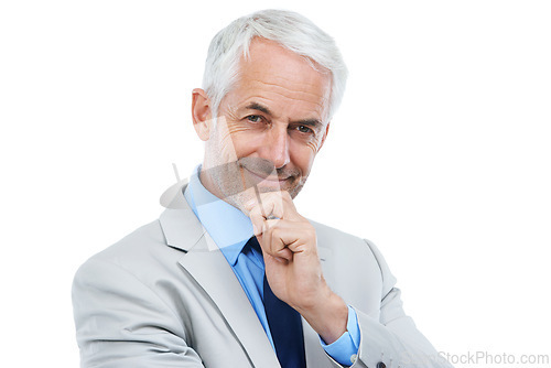 Image of Confident, portrait and mature businessman or lawyer in white background, studio and mockup. Professional, attorney and pride as corporate legal advisor and consultant of law for business decision