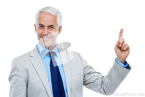 Image of Senior man, pointing and portrait with suit in studio, white background and sharing future ideas. Businessman, presentation and announcement with wisdom, experience and advice for business careers.