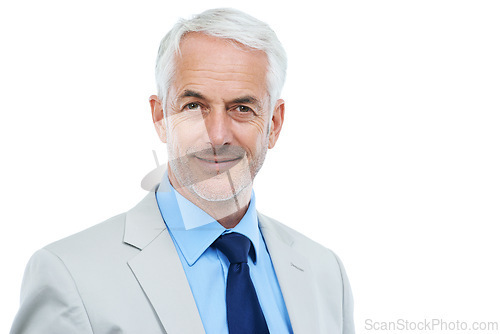 Image of Smile, portrait and senior businessman in studio with positive, good and confident attitude. Happy, legal career and headshot of professional mature male lawyer in suit isolated by white background.