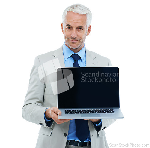Image of Studio, portrait and mature businessman by laptop screen for web design and technology with ux for office worker. Senior it specialist, face or computer ui for website or mockup by white background