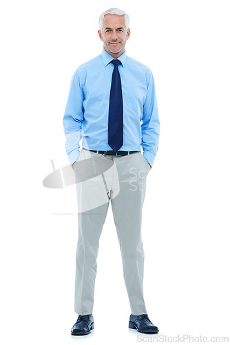 Image of Studio, portrait or businessman for confidence in suit and professional worker with hands in pocket. Mature accountant, face or pride in career in corporate clothes or positive by white background