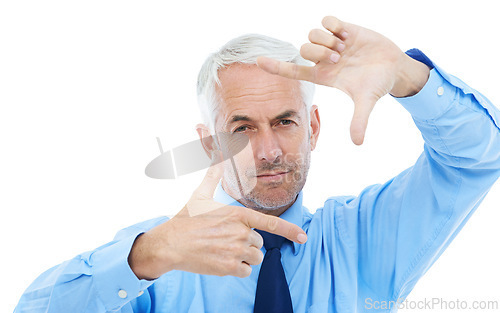 Image of Finger frame, portrait and businessman in studio for posing with picture capture expression. Serious, photography and senior professional male person with border hand gesture by white background.