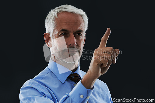 Image of Business man, finger and interface for choice isolated on a black studio background. Touch, professional and hand gesture on screen, click and future innovation of digital technology for senior CEO