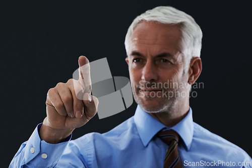 Image of Business man, finger and digital interface for choice isolated on a black studio background. Touch, professional and hand gesture on screen, click and future innovation of technology for senior CEO