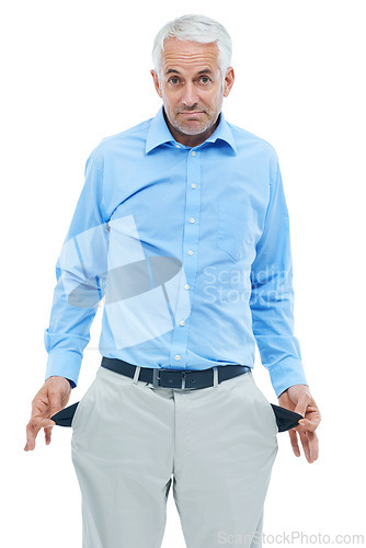 Image of Businessman, portrait and empty pocket in studio or bankrupt or no money for financial crisis, unemployment or fail. Male person, face and economic problem with poverty, white background or mockup