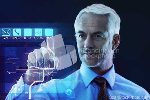 Image of Businessman, hand and digital interface for map technology for location or directions, security or hologram. Male person, fingers and 3d overlay for innovation or tracking, internet or futuristic