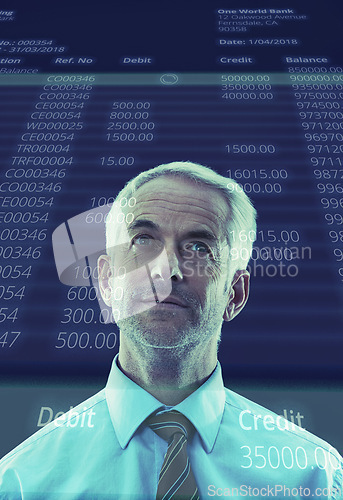 Image of Man, thinking and overlay of stock market or digital as finance data as hologram or futuristic, technology or numbers. Male person, exchange and 3d or analytics for trading, double exposure or online
