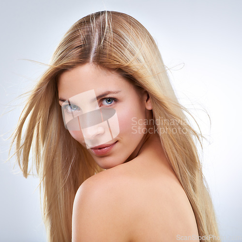 Image of Beauty, hair and portrait of woman in studio with natural makeup, smile and straight hairstyle. Haircare, cosmetics and happy model with keratin growth, spa and face of girl on white background.