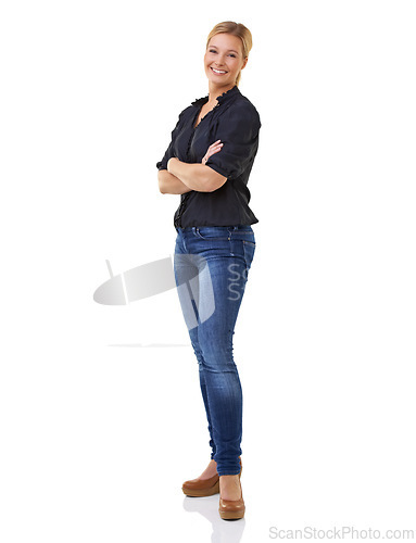 Image of Business woman, portrait and studio with smile, space and jeans for arms crossed. Female entrepreneur, formal and happy for company, career and mockup standing with white background with confidence