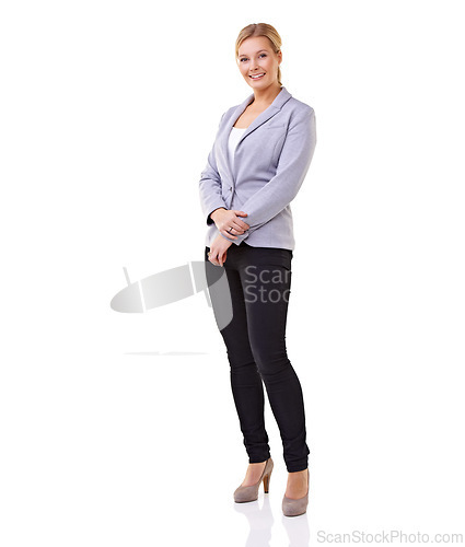 Image of Business lady, white background and portrait with smile, mockup and blazer with confidence. Female employee, formal and studio for startup, company and smart while standing by space as professional