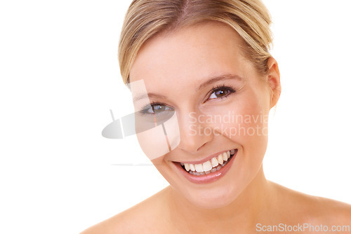 Image of Person, portrait and face in studio with smile, dental and closeup on model with white background. Woman, happiness and cosmetic for skincare, clean teeth and beauty with facial treatment results