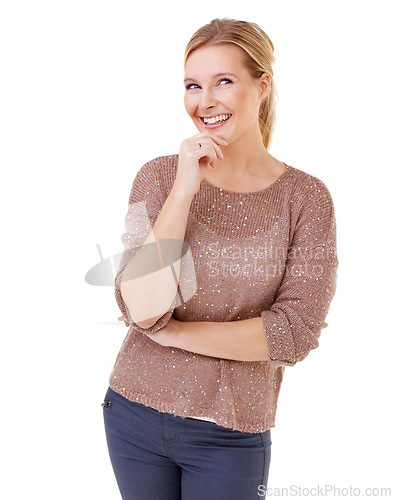 Image of Happy woman, thinking and remember idea in studio, white background and planning reminder mockup. Creative, brainstorming and person with decision, choice and solution with information from faq