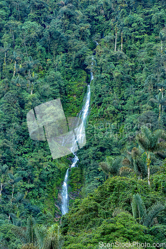 Image of Waterfall in Ciudad Perdida, ancient ruins in Sierra Nevada mountains. Santa Marta, Colombia wilderness