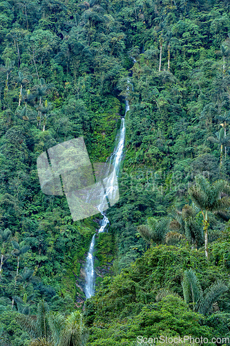 Image of Waterfall in Ciudad Perdida, ancient ruins in Sierra Nevada mountains. Santa Marta, Colombia wilderness