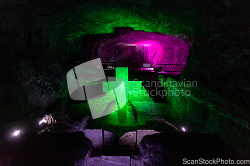 Image of Magnificent cross glows with spiritual light in famous underground Catedral de Sal (Salt Cathedral) of Zipaquira, Colombia