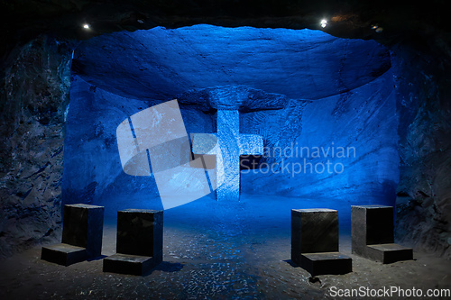 Image of Magnificent cross glows with spiritual light in famous underground Catedral de Sal (Salt Cathedral) of Zipaquira, Colombia