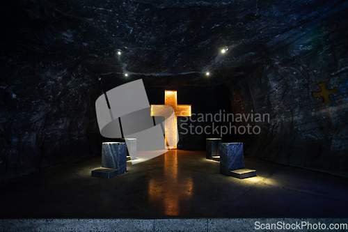 Image of Magnificent cross glows with spiritual light in famous underground Catedral de Sal (Salt Cathedral) of Zipaquira, Colombia